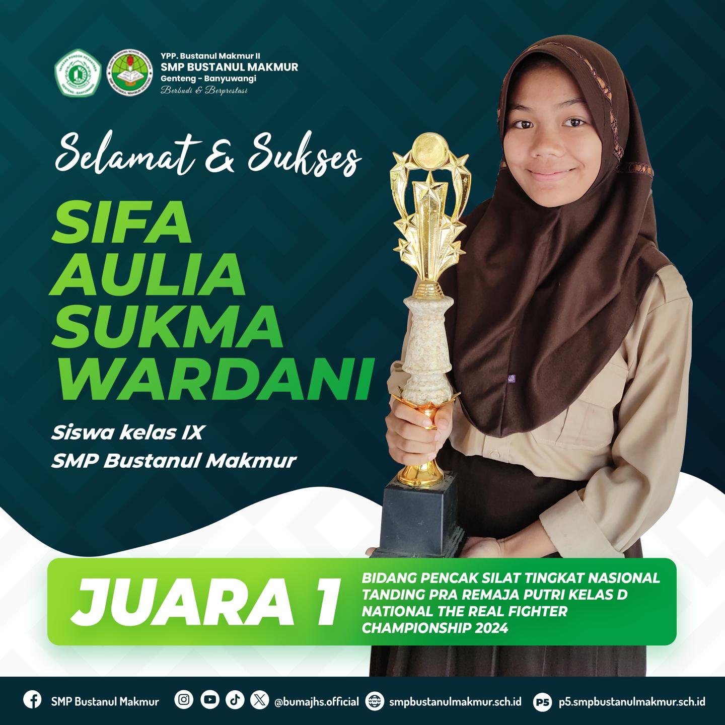 Sifa Aulia Sukma Wardani menunjukkan trofi dan piagam Juara 1 pencak silat nasional 2024