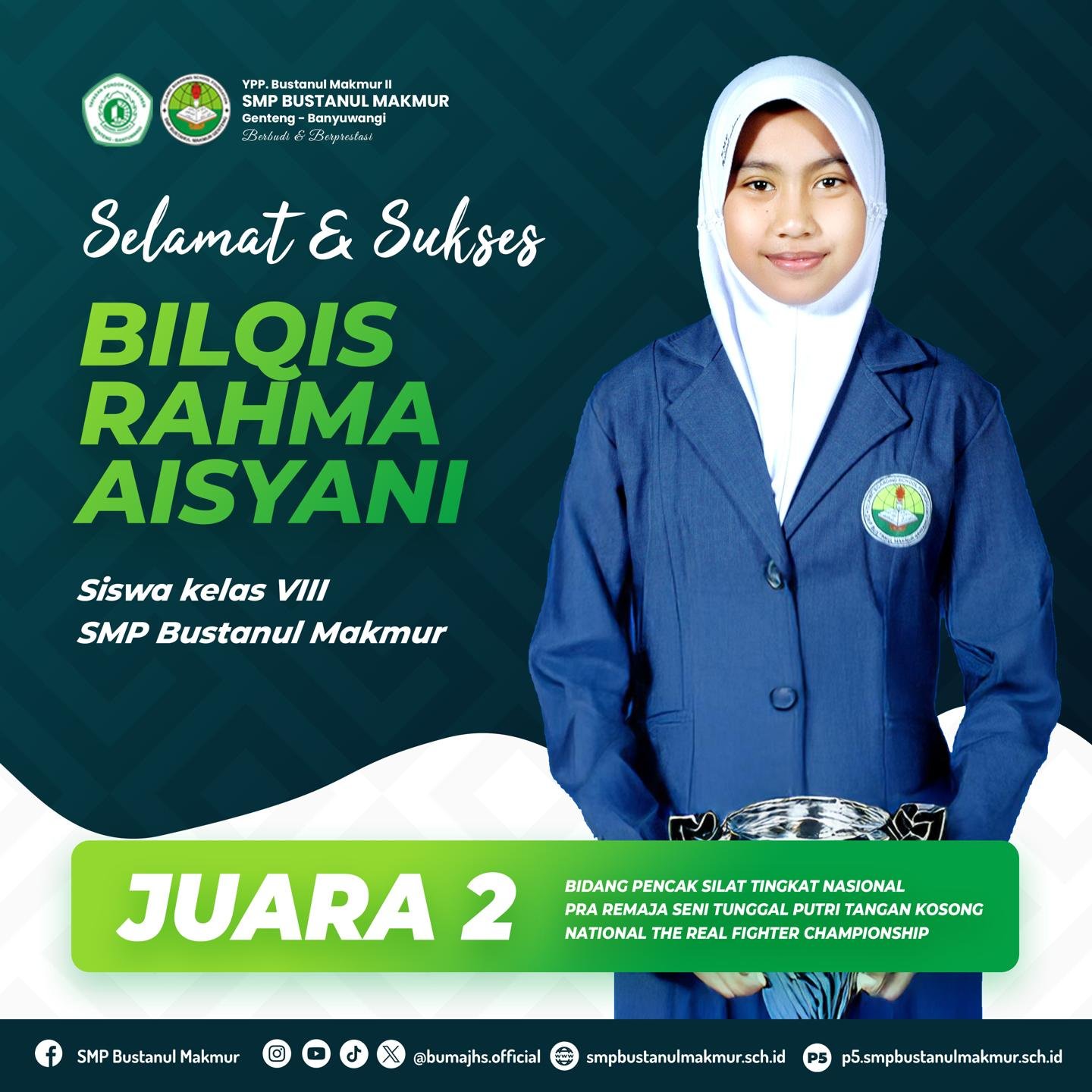 Bilqis Rahma Aisyani memegang medali Juara 2 pencak silat nasional kategori seni tunggal putri 2024